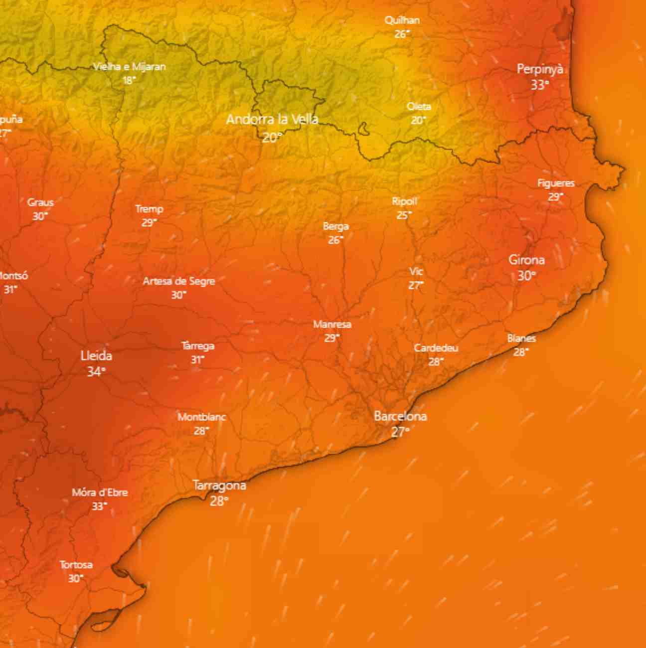 Temperatura màxima per dissabte 20 d'agost / WINDY Temperatura màxima per dissabte 20 d'agost / WINDY