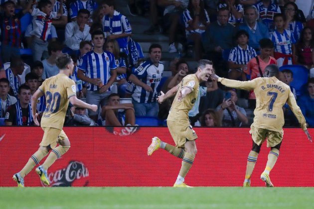 Lewandowski Dembele Gavi celebracion gol Reial Societat Barca / Foto: EFE Lewandowski Dembele Gavi celebracion gol Reial Societat Barca / Foto: EFE