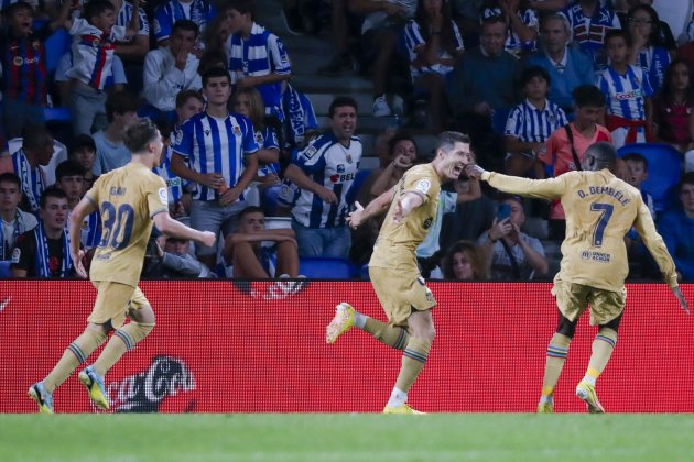 Lewandowski Dembele Gavi celebracion gol Real Sociedad Barca / Foto: EFE