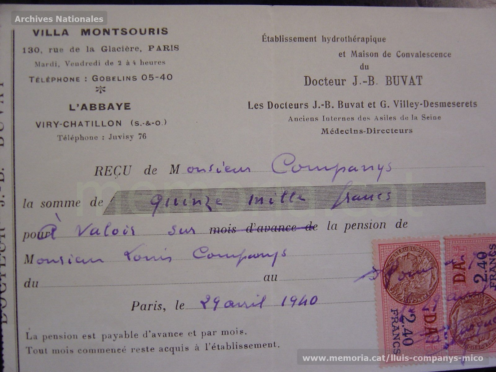 El president Companys arriba a l'exili de París. Rebut despesses hospitalàries del fill del president Companys. Font Memoria.cat
