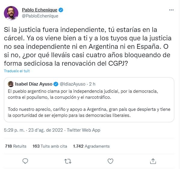 TUIT pablo echenique isabel díaz ayuso presó