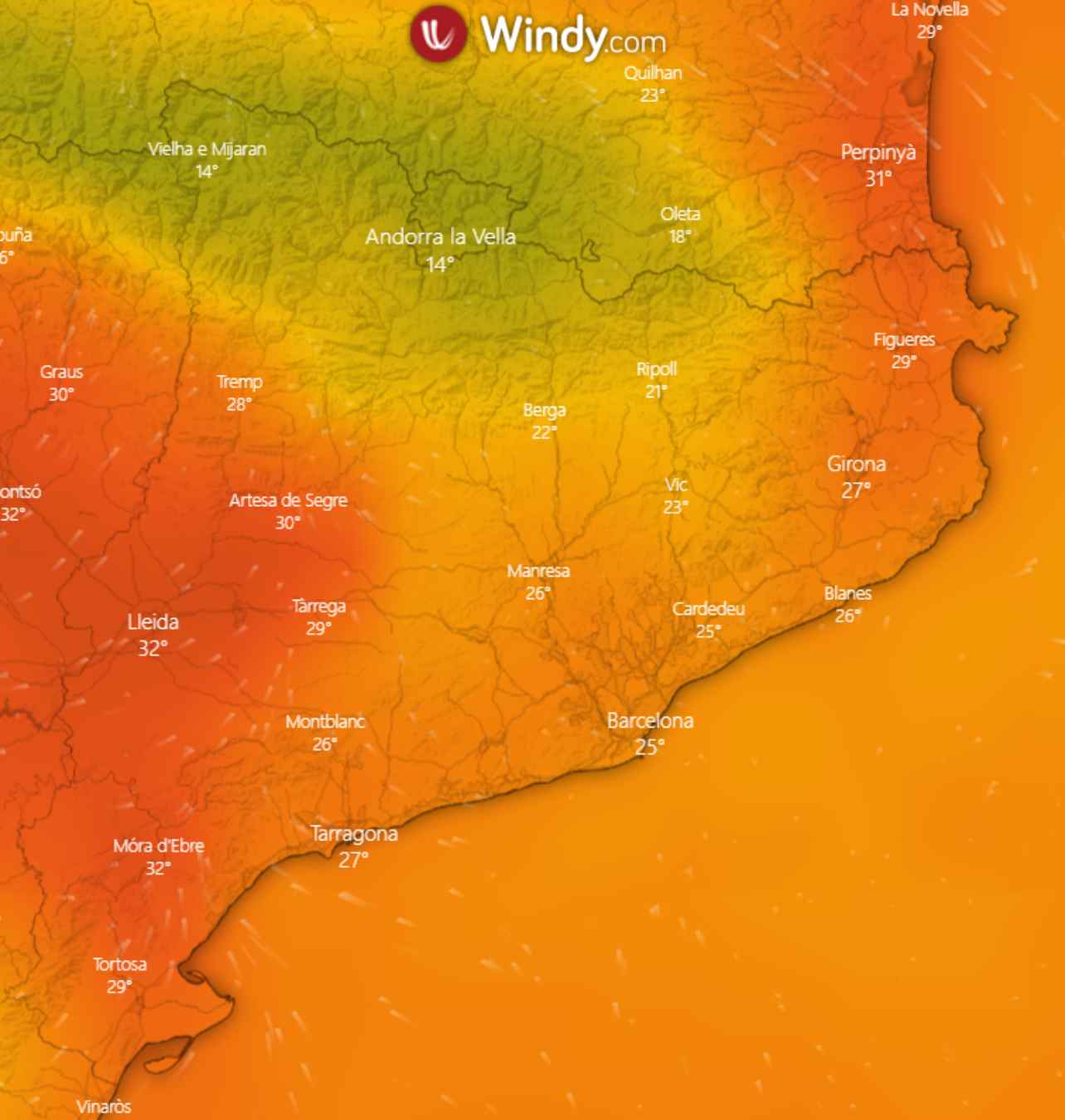 Previsió de temperatures per divendres a Catalunya / WINDY Previsió de temperatures per divendres a Catalunya / WINDY