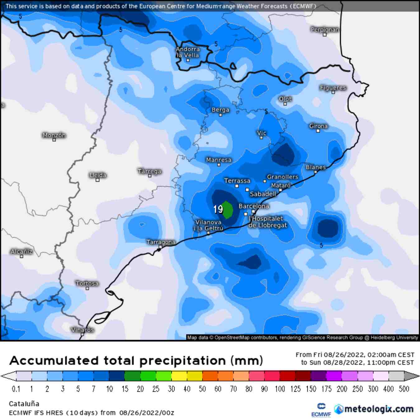 Pluja esperada des de divendres a diumenge segons el model ECMWF / Meteologix.com