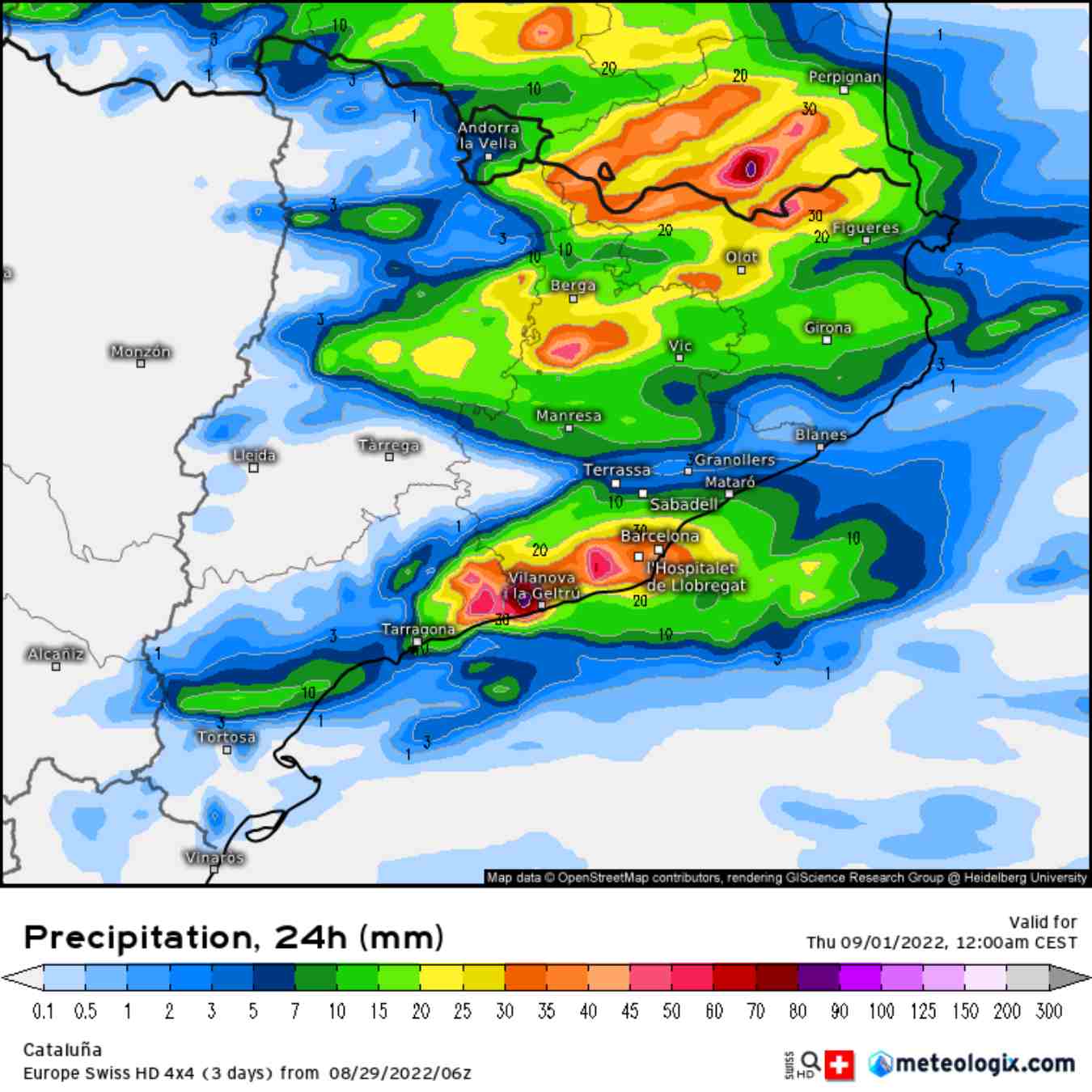 Pluja esperada per dimecres 1 de setembre segons el model Swiss HD 4x4 / Meteologix.com