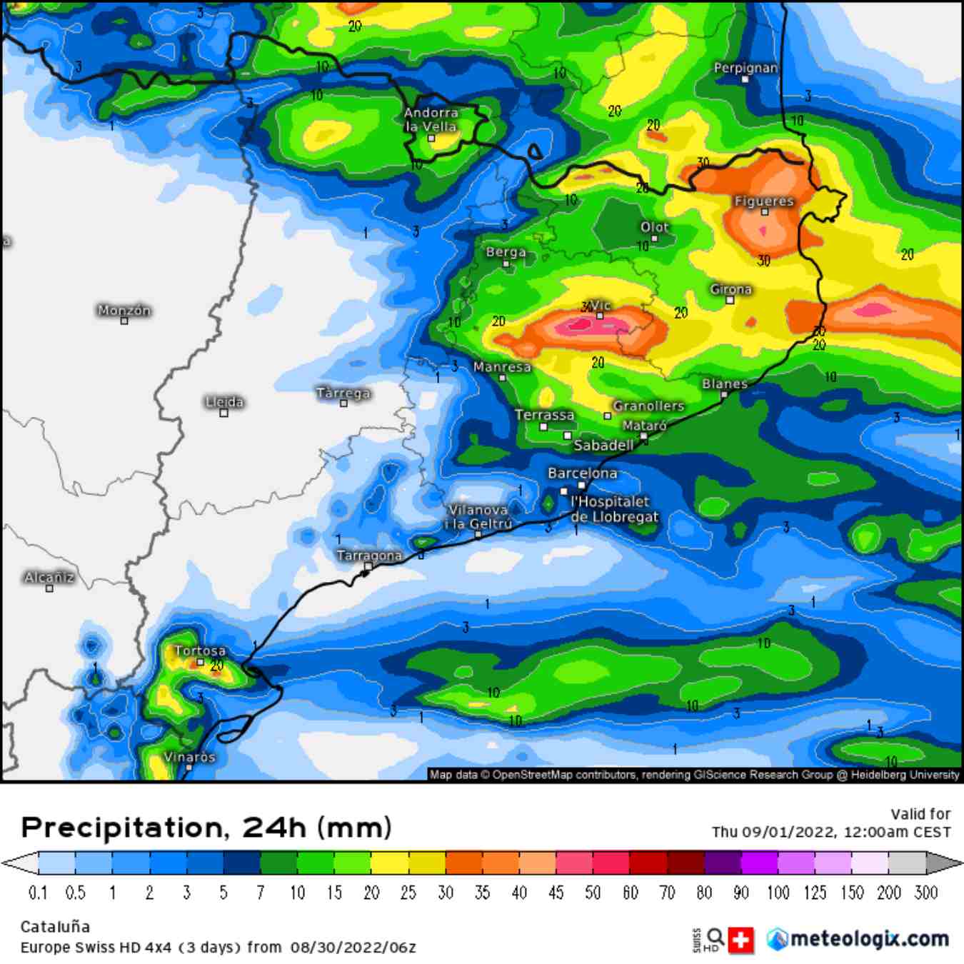 Previsió de la pluja total acumulada dimecres 31 d'agost /Meteologix.com