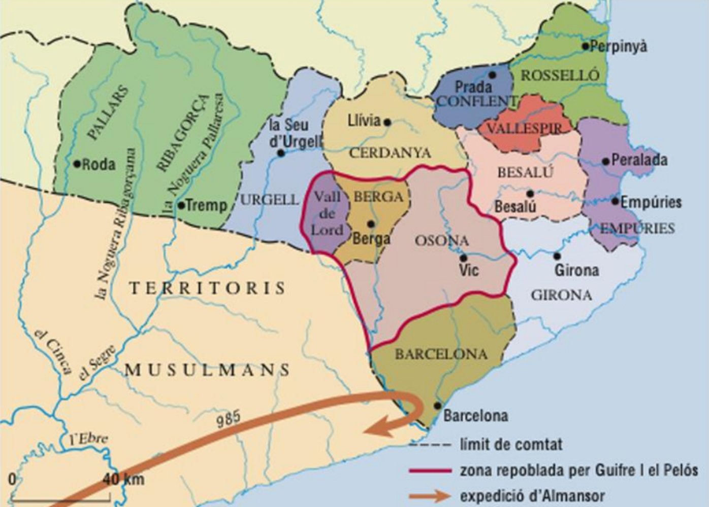 Mapa de la zona repoblada por Guifré. Fuente Enciclopedia Catalana