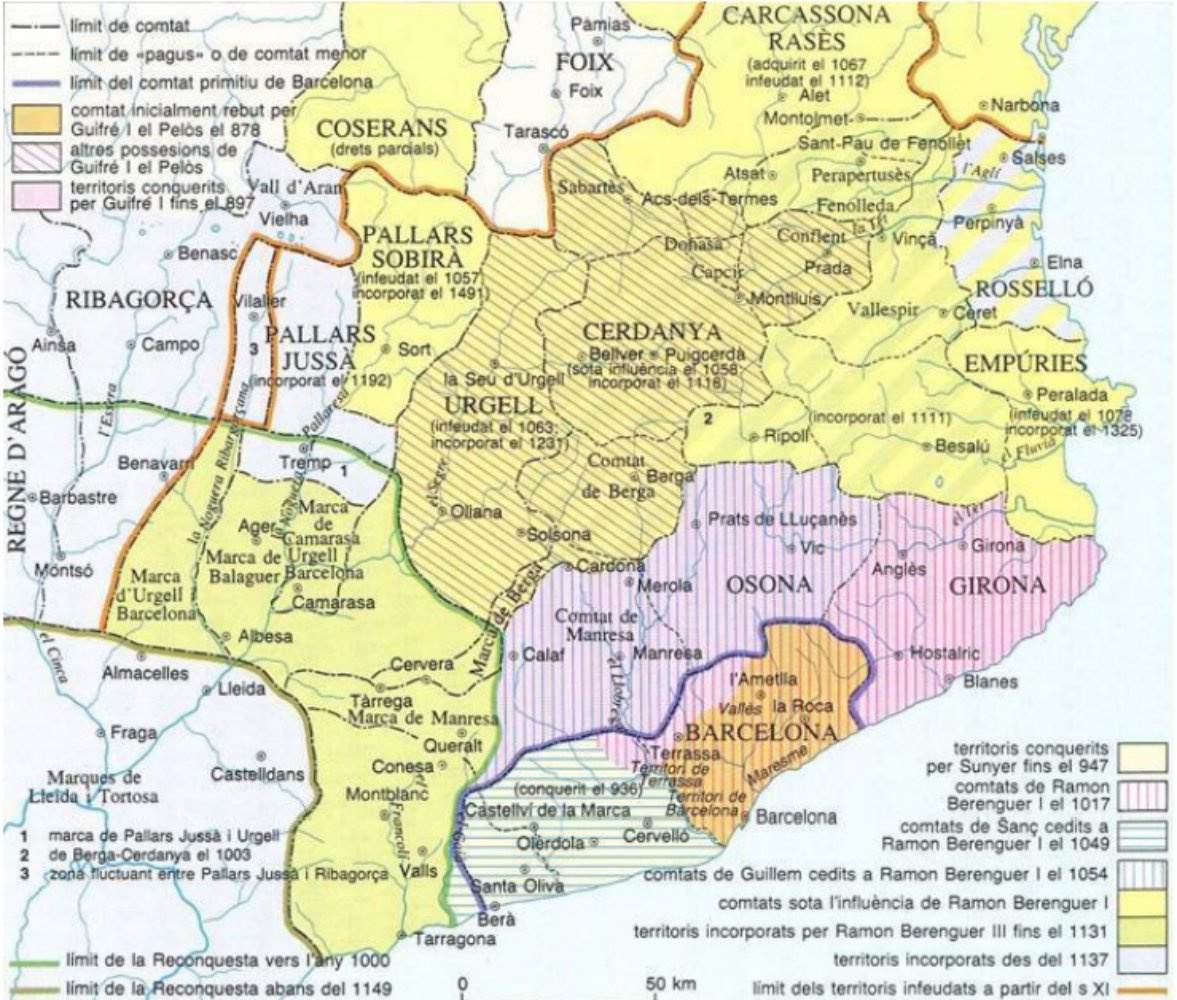 Mapa dels dominis dels descedents de Guifré. Font Enciclopedia Catalana