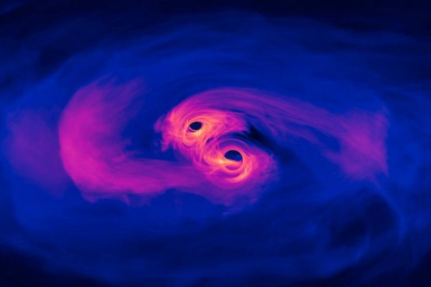 Simulació de dos forats negres a punt de convergir en un només. NASA Simulació de dos forats negres a punt de convergir en un només. NASA