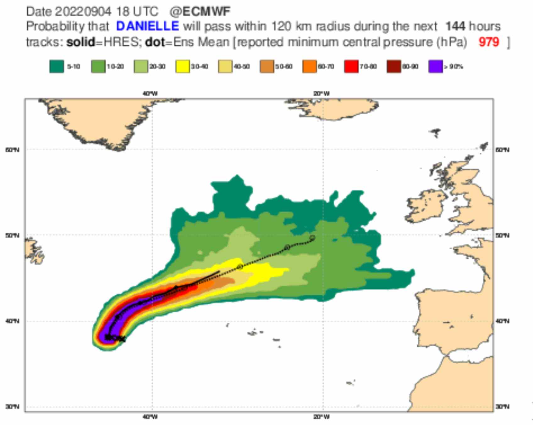Posibles trayectorias del huracán Danielle / ECMWF