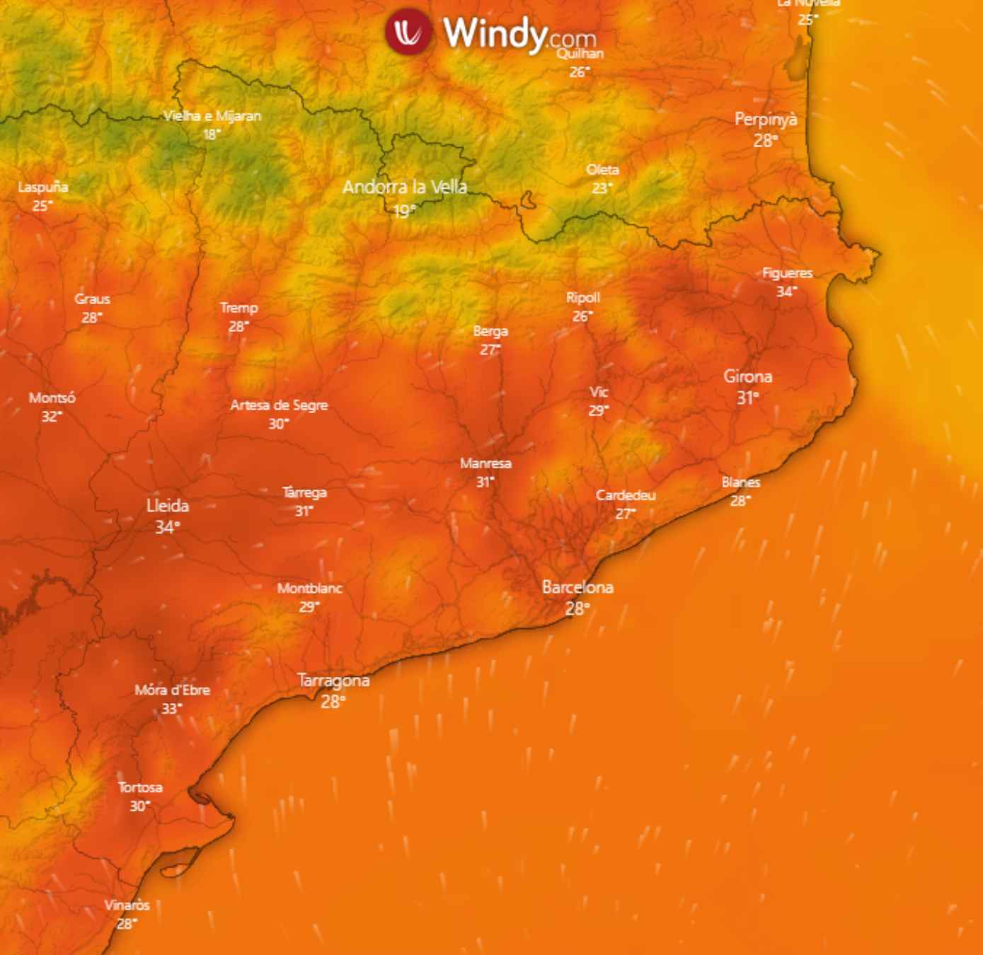 Temperatura màxima per dimarts dia 6 de setembre segons els model ECMWF / WINDY