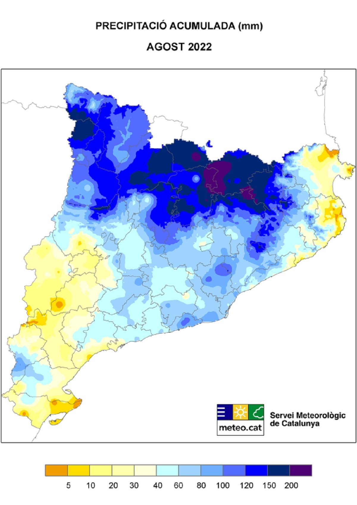 Mapa de pluges mes d'agost 2022 / Meteocat