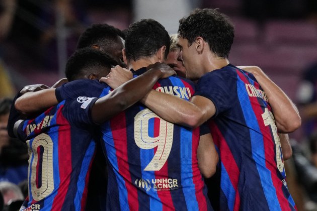 Lewandowski Christensen Ansu Fati celebran gol Barça / Foto: EFE