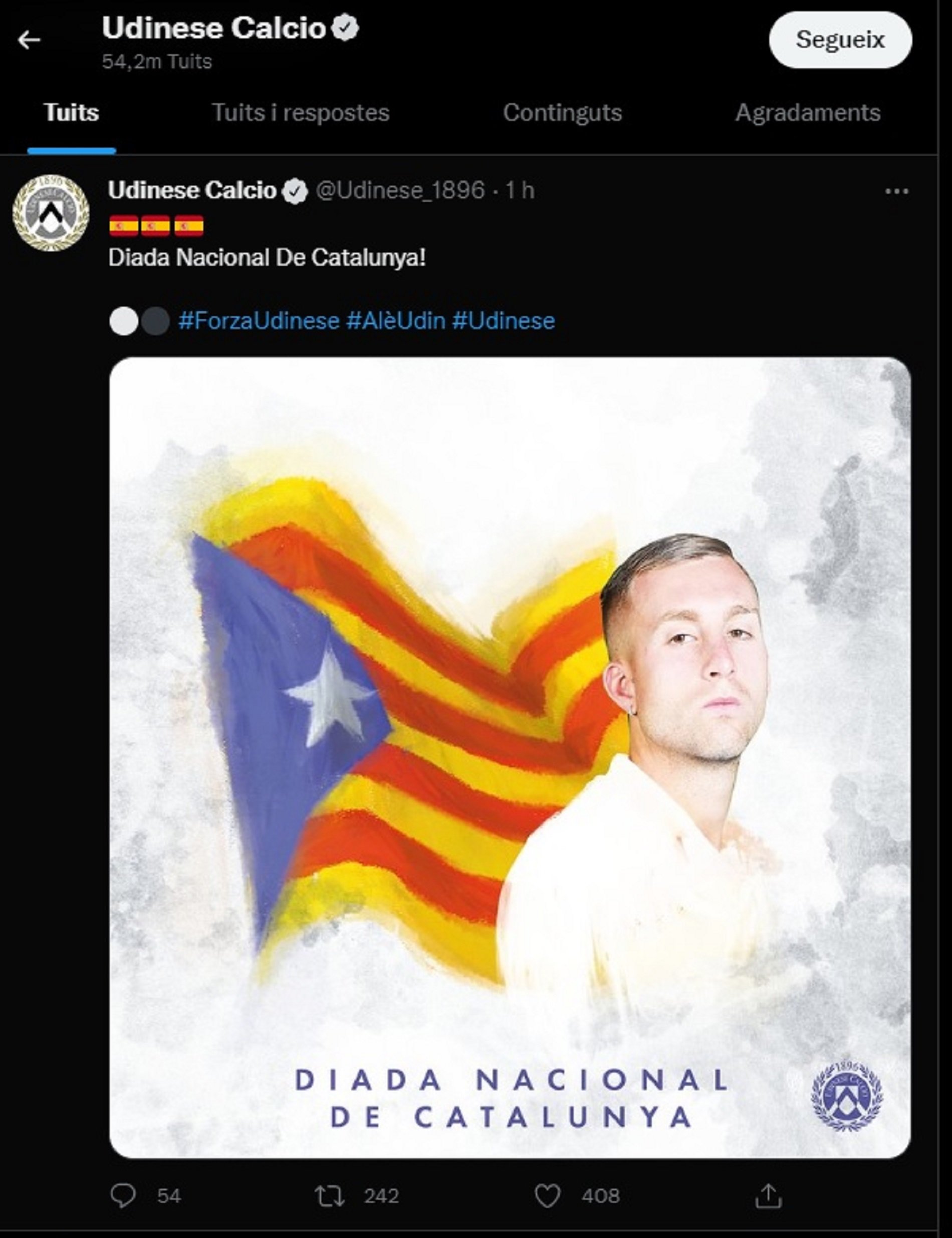 Doble relliscada de l'Udinese Calcio: felicita els catalans per la Diada amb una bandera espanyola