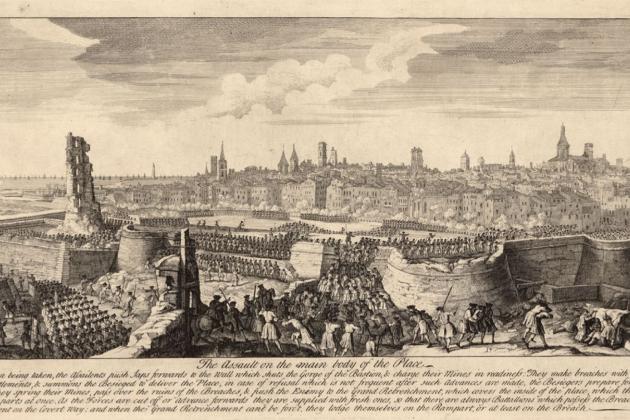 Grabado del asalto borbónico sobre Barcelona (1714). Fuente Cartoteca de Catalunya