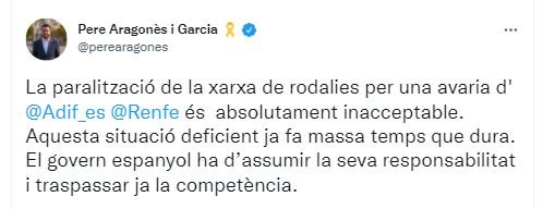 Tuit Pere Aragonès avería Rodalies