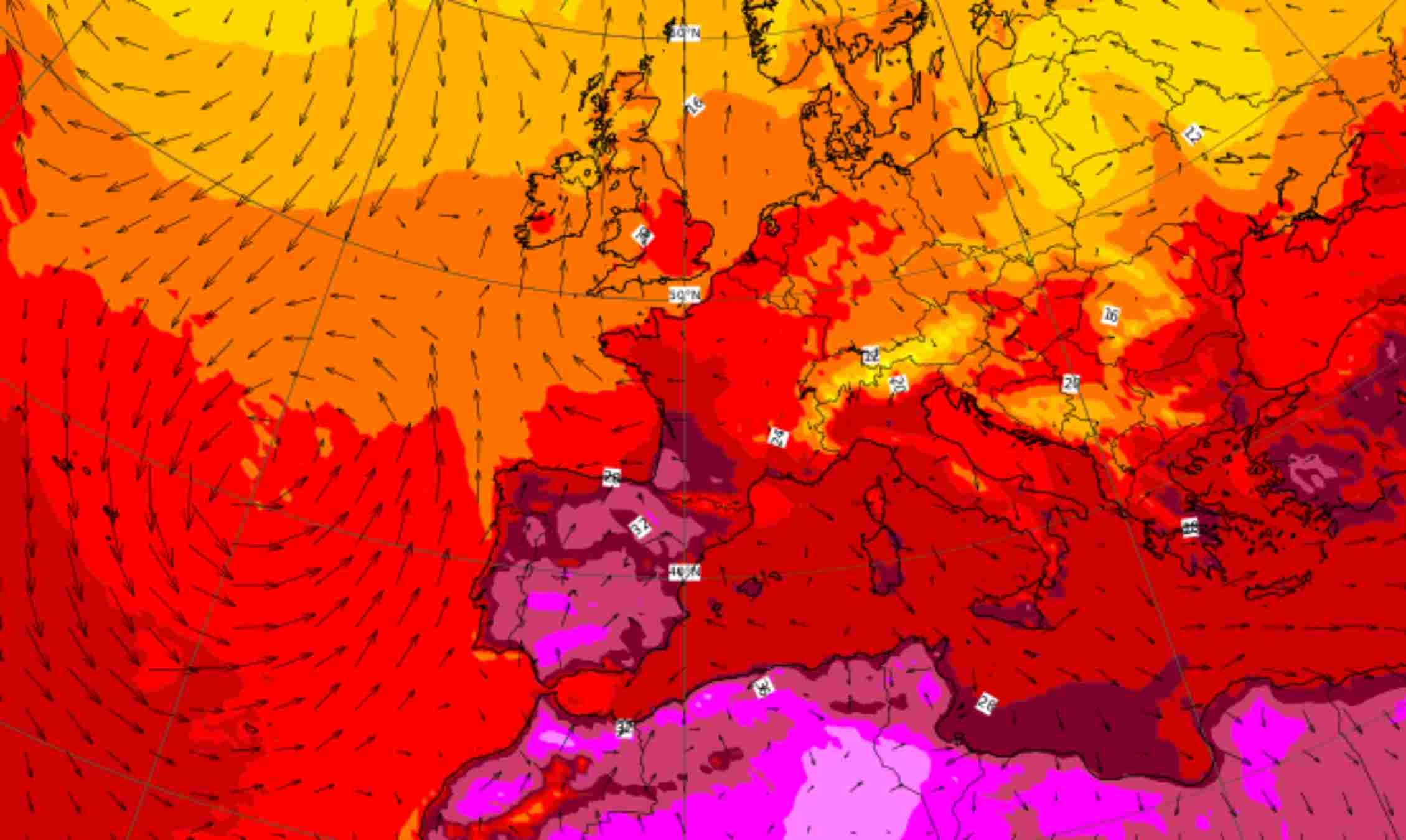 La Diada es presenta molt càlida i xafogosa a tot Catalunya. Mapa de temperatura prevista a 2 metres / ECMWF