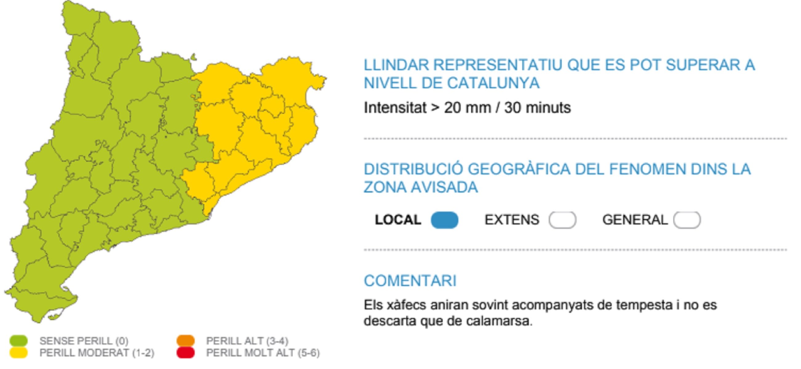 Mapa riesgo lluvias tormentas Catalunya viernes, 16 de septiembre / Meteocat