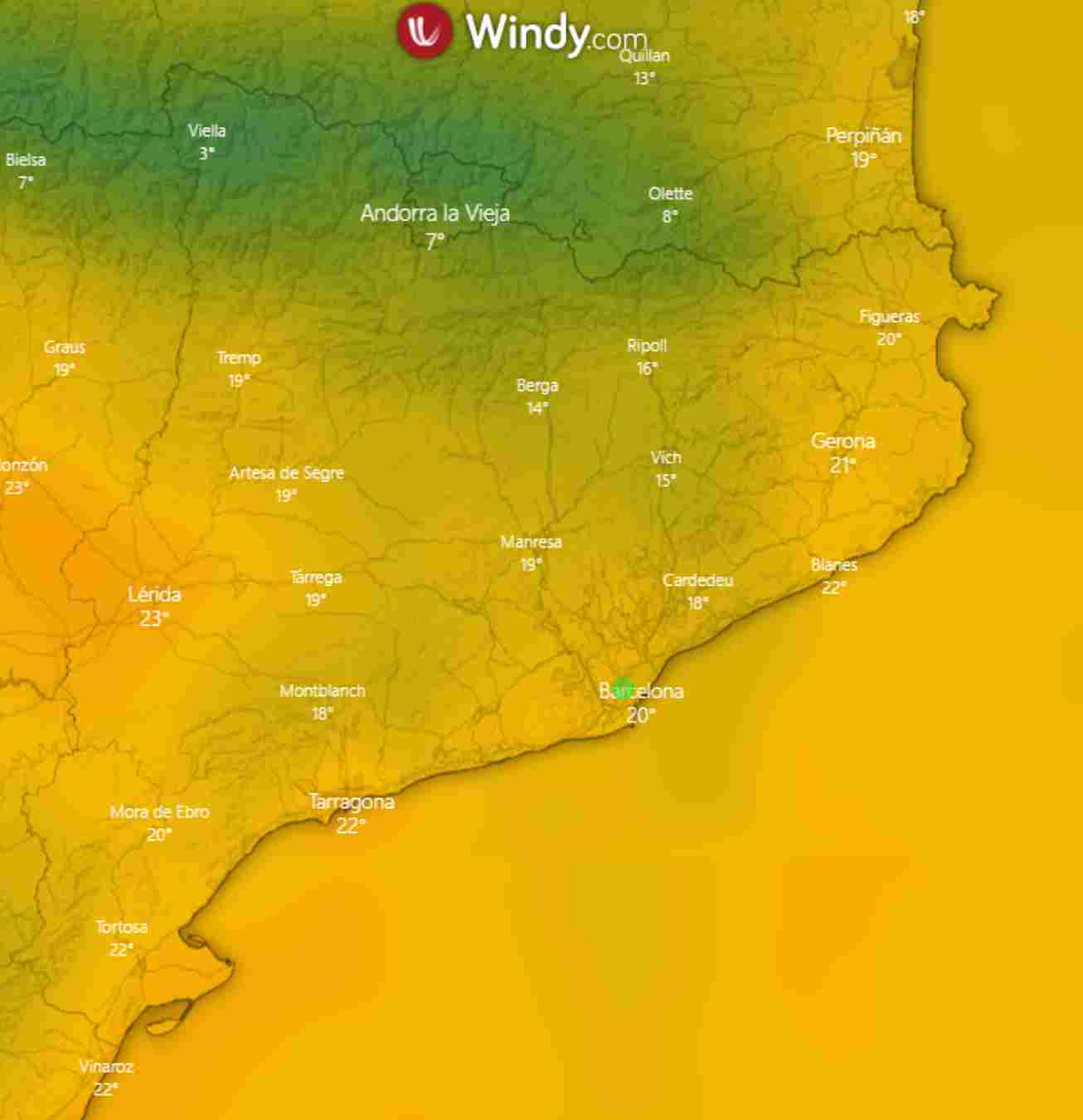 Baixada de temperatura general el pròxim cap de setmana a Catalunya / WINDY - ECMWF