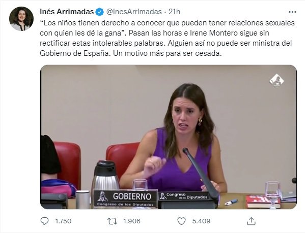 tuit Inés Arrimadas contra Irene Montero