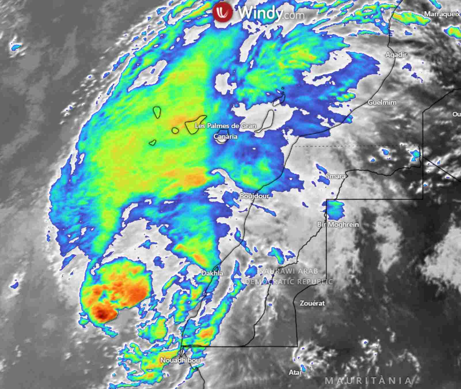 La tempesta tropical Hermine afectarà les Illes Canàries amb molta pluja / Imatge satèl·lit: WINDY