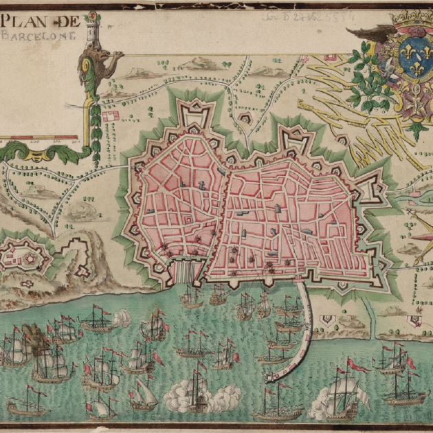 Muere Feliu de la Peña Catalunya, la Holanda del Mediterráneo. Plano del ataque francés a Barcelona (1698). Fuente Bibliothèque Nationale de France