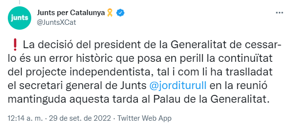 Tuit de Junts sobre Puigneró