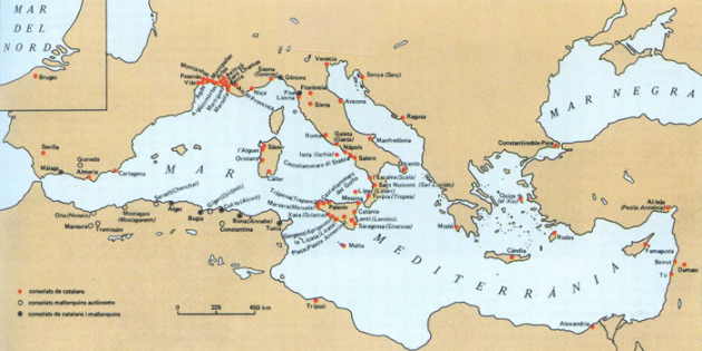 Mapa de los Consulados de Catalanes en la plenitut de la expansión. Fuente Enciclopedia Catalana