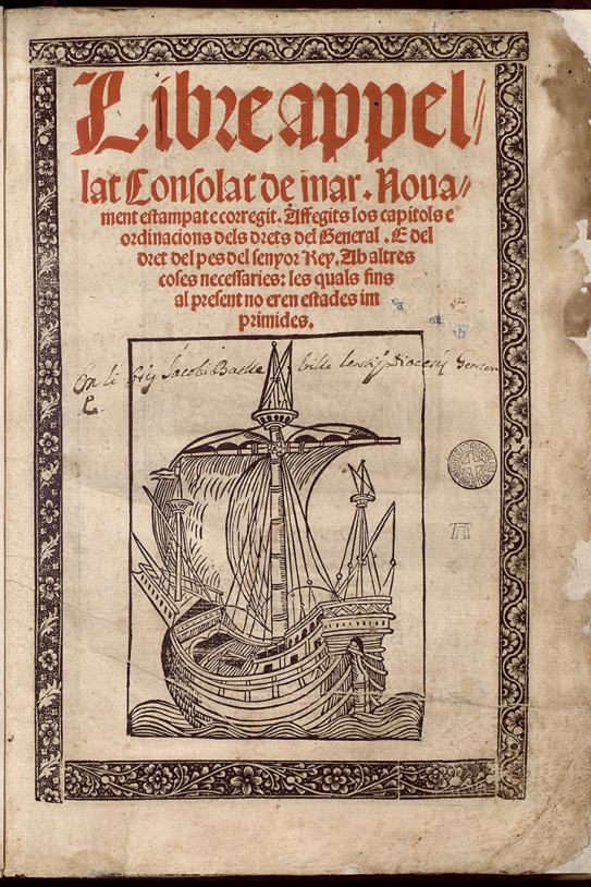Portada del llibre del Consolat de Mar (segle XIV). Font Bibiloteca Nacional de Catalunya (1) Portada del llibre del Consolat de Mar (segle XIV). Font Bibiloteca Nacional de Catalunya (1)