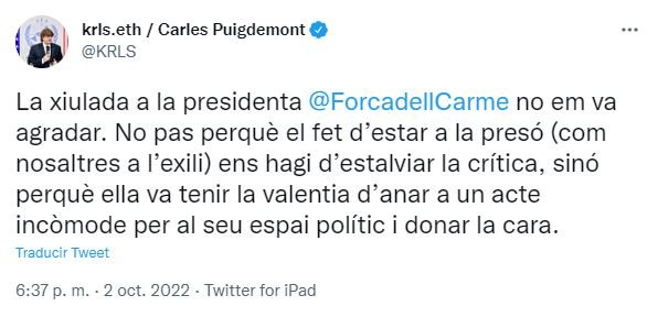 Captura tuit Puigdemont a favor Forcadell
