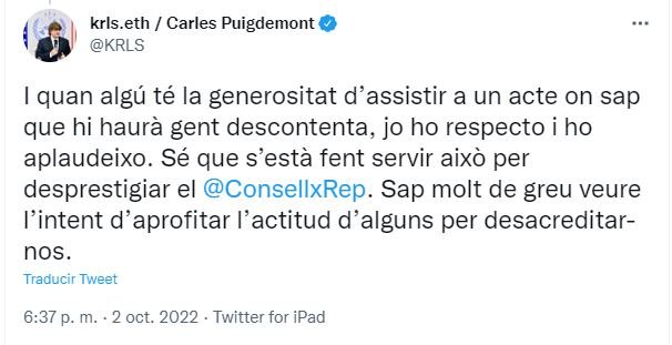 Captura tuit Puigdemont a favor Forcadell 2