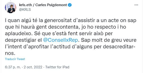Captura tuit Puigdemont a favor Forcadell 2 Captura tuit Puigdemont a favor Forcadell 2