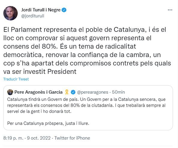 captura tuit Jordi Turull sobre el nou Govern de la Generalitat