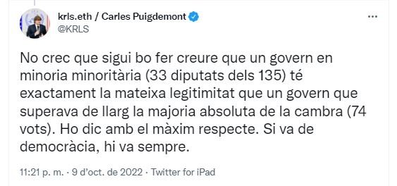 TUIT Carles Puigdemont nuevo gobierno 1