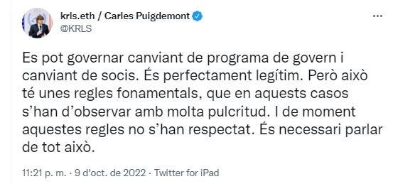 TUIT Carles Puigdemont nuevo gobierno 2