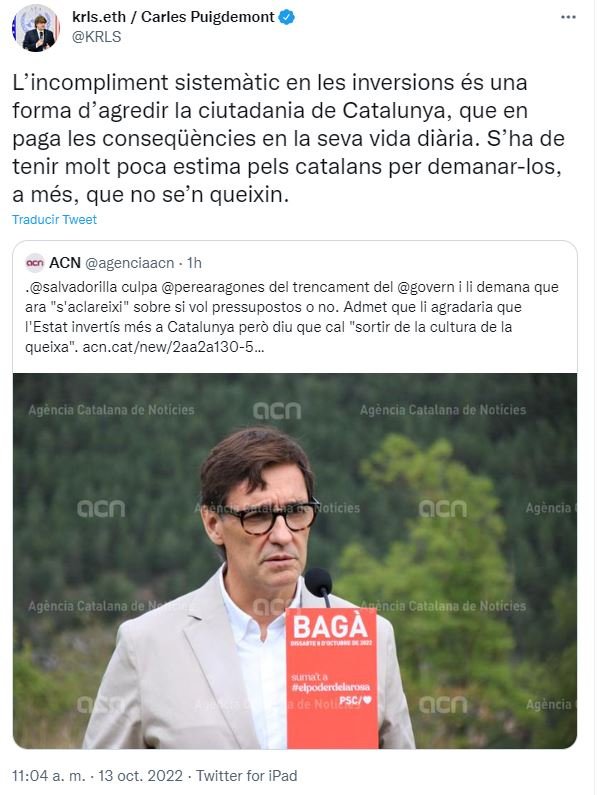 tuit Puigdemont contra Salvador Illa