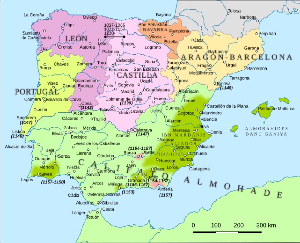 Mapa político de la península ibérica a mediados del siglo XII. Fuente Wikimedia Commons