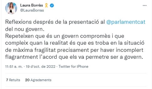 TUIT Laura Borràs caloració nou govern