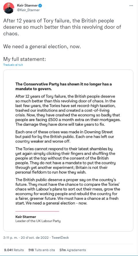 TUIT keir starmer comunicat dimissió liz truss TUIT keir starmer comunicat dimissió liz truss