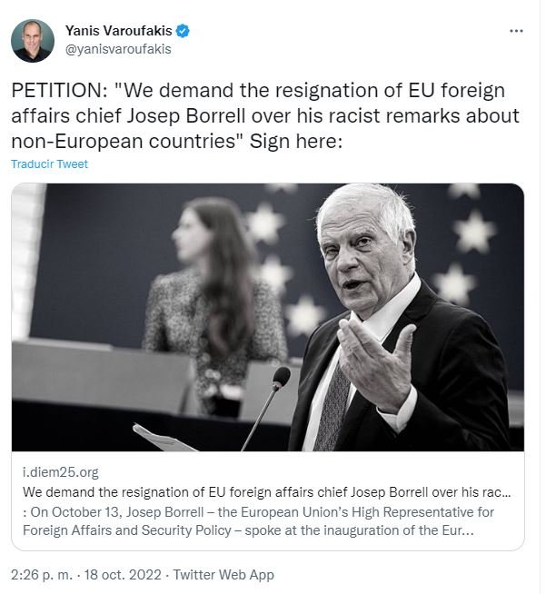 Captura tuit varoufakis critica Borrell