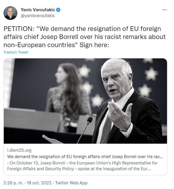 Captura tuit varoufakis critica Borrell Captura tuit varoufakis critica Borrell