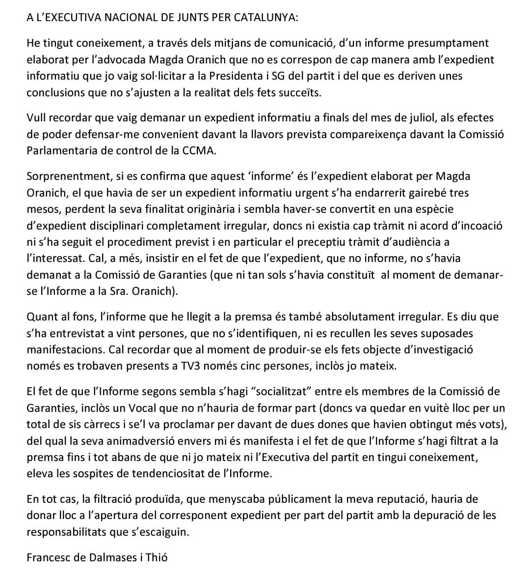 carta francesc dalmases junts informe 