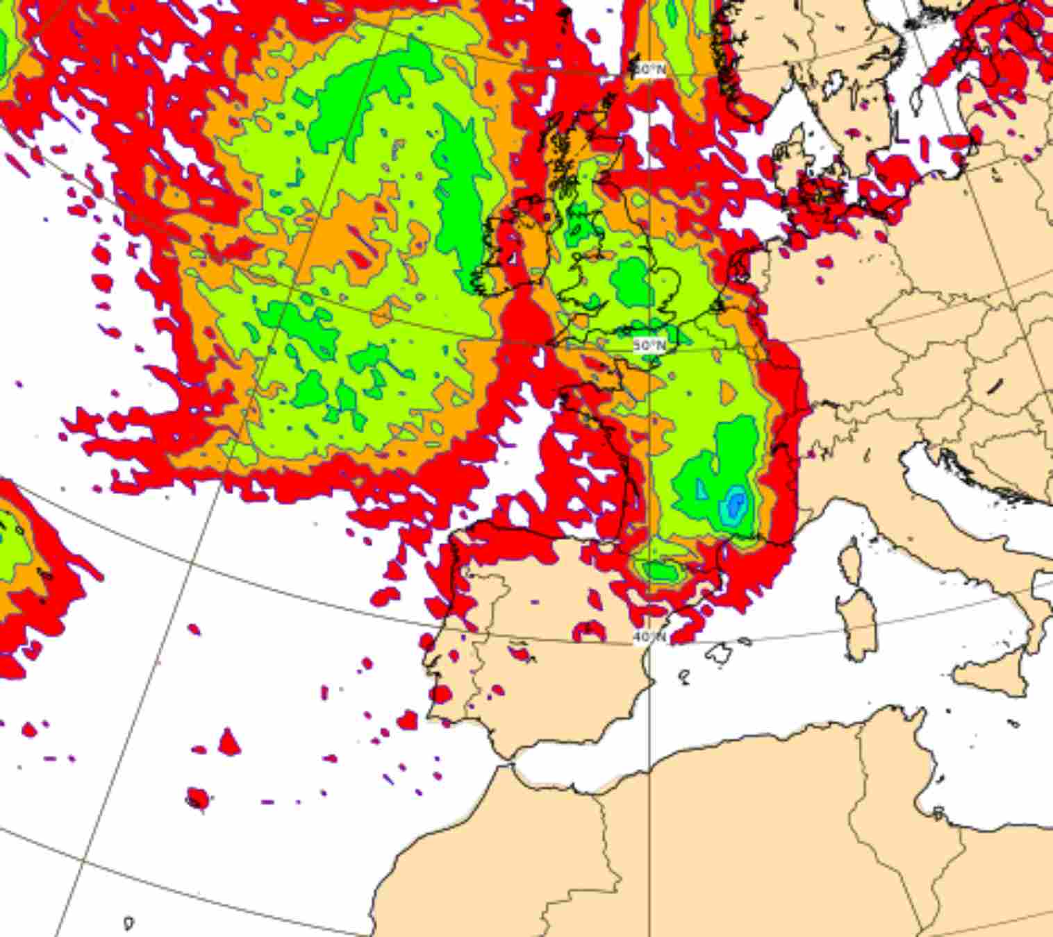Probabilidad de precipitación por|para la madrugada de la castañada en Catalunya / ECMWF