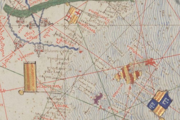 Fragmento del Atlas Catalán de Abrahán Crezcas (1375). Catalunya, País Valencià y Mallorques. Fuente Bibliothèque Nationale de France