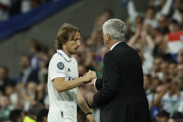 Luka Modric y Carlo Ancelotti se dan la mano en un partido del Real Madrid / Foto: EFE