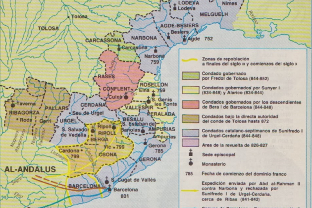 Mapa de la Marca carolingia de Gòtia en el siglo IX. Fuente Universidad de Barcelona