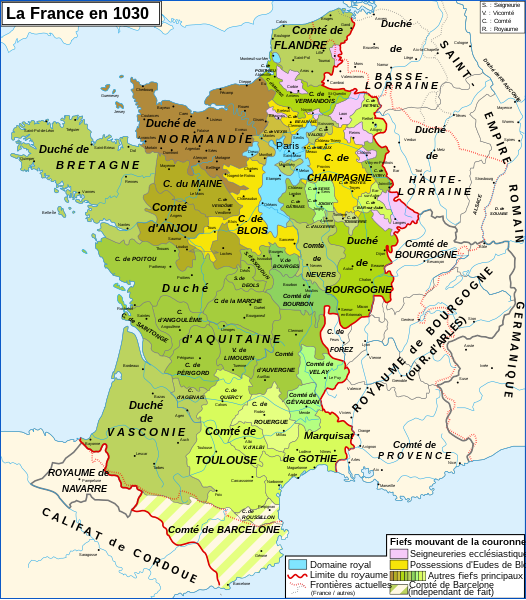 Mapa del rompecabezas francés en el año 1000. Fuente Atlas de histoire de France