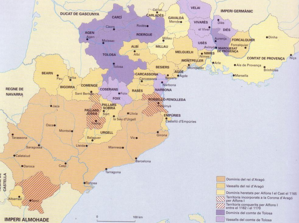 Mapa de la distribució de dominis a Occitania a principis del segle XIII. Font Encilopèdia