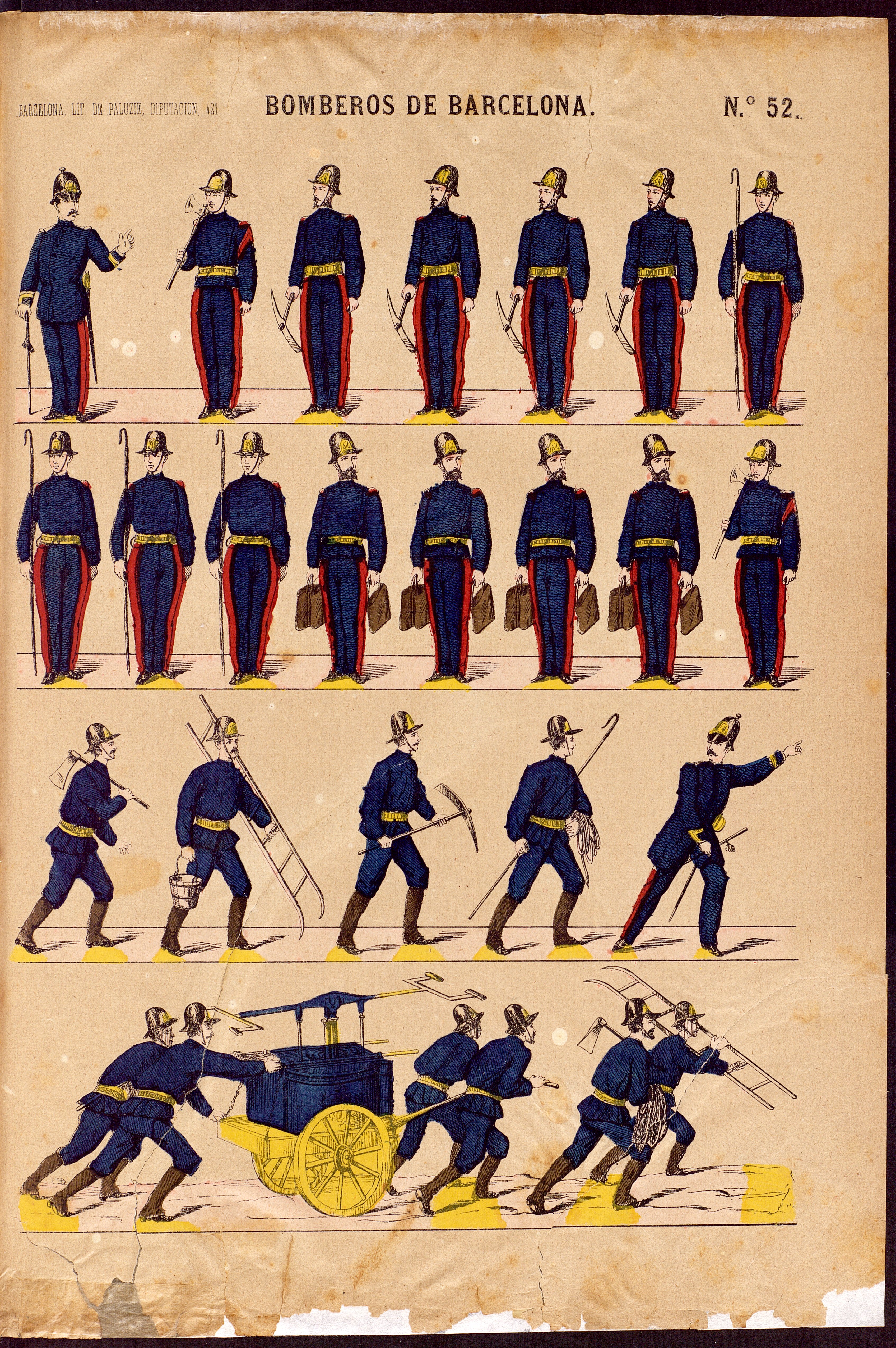 Làmina amb la representació dels uniformes i dels equips d’extinció que feien servir Bombers de Barcelona 1870 ANC col·lecció de Pere Grañén