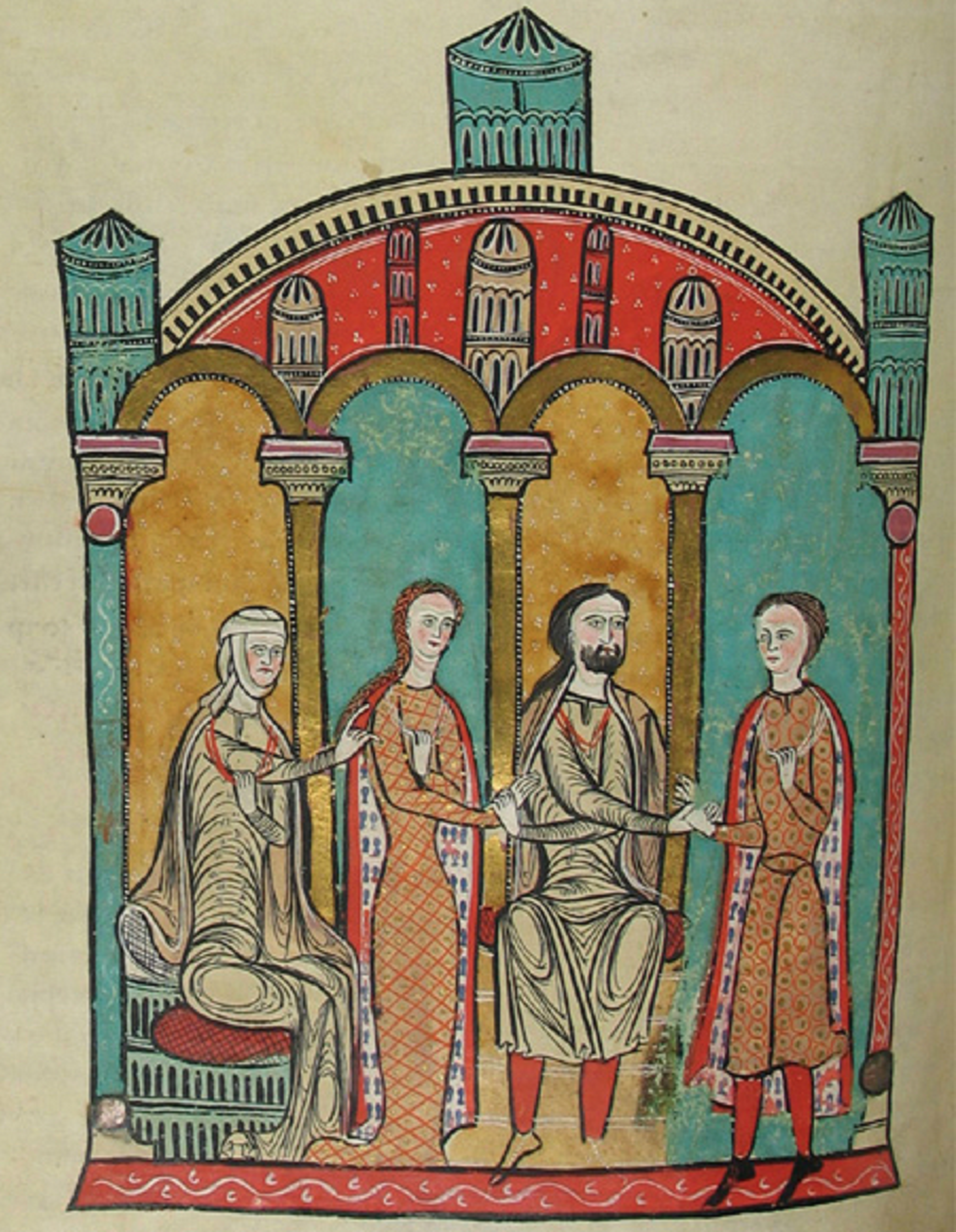 Miniatura que representa una escena familiar dels Trencavell. Font Liber Feodorum Maior. Arxiu de la Corona d'Aragó