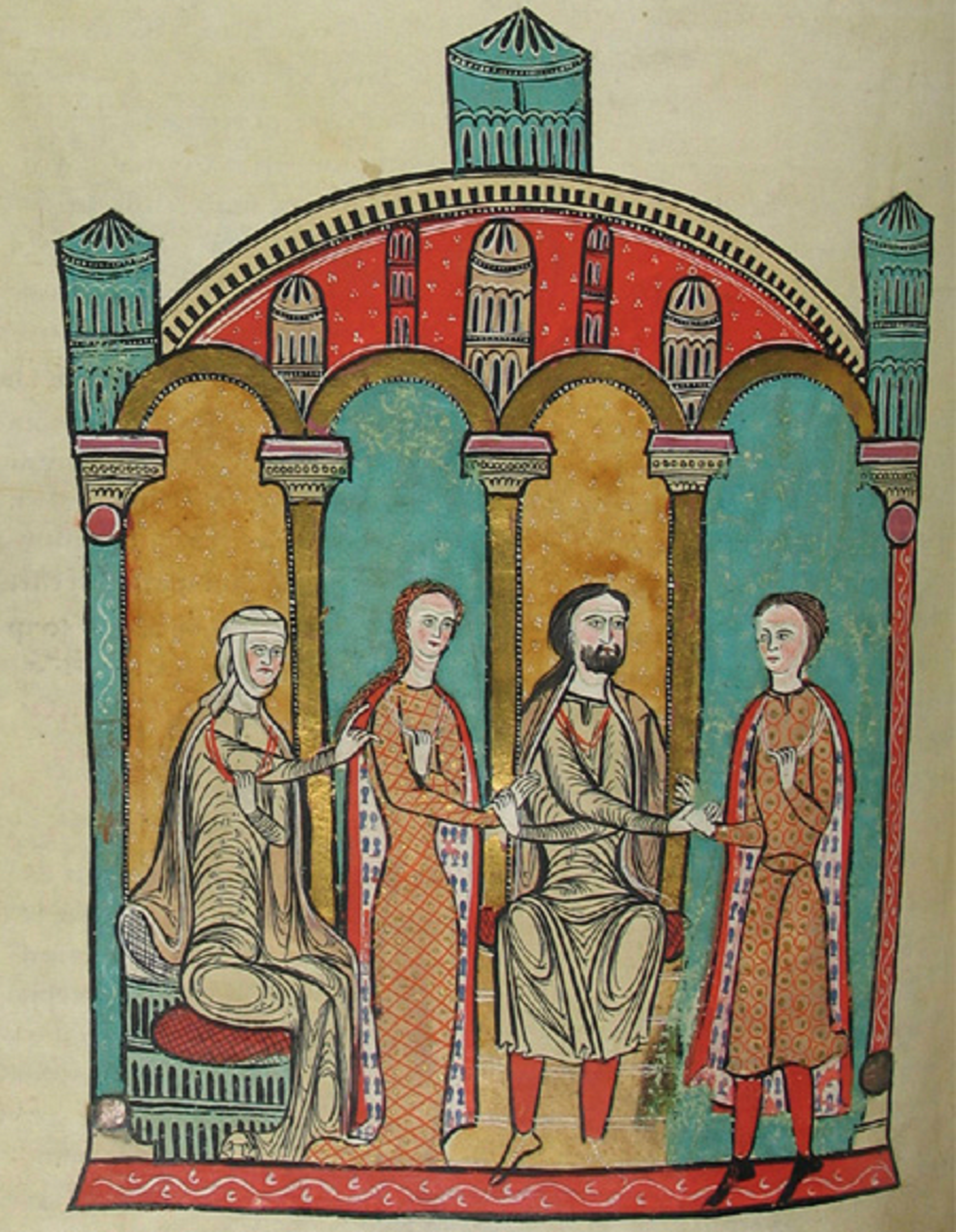 Miniatura que representa una escena familiar dels Trencavell. Font Liber Feodorum Maior. Arxiu de la Corona d'Aragó Miniatura que representa una escena familiar dels Trencavell. Font Liber Feodorum Maior. Arxiu de la Corona d'Aragó